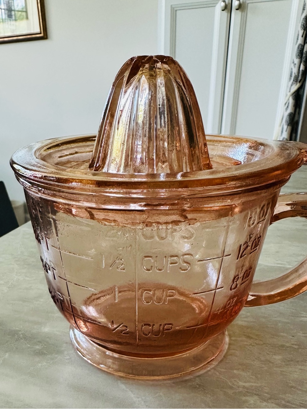 Pink Amber Glass Measuring Cup & Juicer Reamer, Mixing Bowl, VTG Style Kitchen - Picture 2 of 2